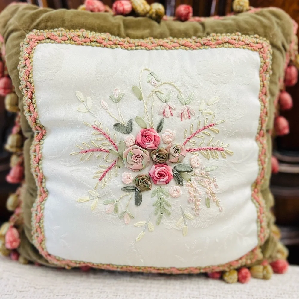 13”x13” decorative pillow hand-stitched ribbon.